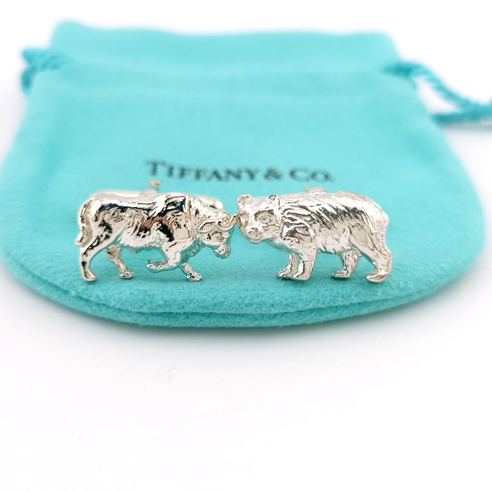 Mint Tiffany & Co. Sterling Silver Bull Bear Wall Street Stock Market Cufflinks